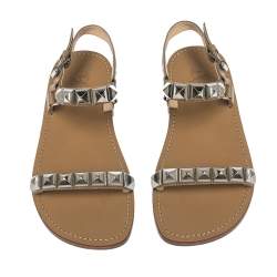 Christian Louboutin Beige Leather Studded Ankle Strap Flat Sandals Size 40
