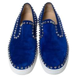 Christian Louboutin Blue Suede Spike Pik Boat Slip On Sneakers Size 39