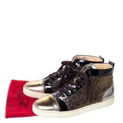 Christian Louboutin Metallic Bronze Leather and Leopard Lame Fabric Louis High Top Sneakers Size 45