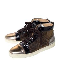 Christian Louboutin Metallic Bronze Leather and Leopard Lame Fabric Louis High Top Sneakers Size 45