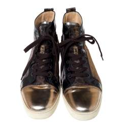 Christian Louboutin Metallic Bronze Leather and Leopard Lame Fabric Louis High Top Sneakers Size 45