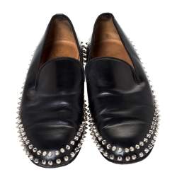 Pre Owned Christian Louboutin Black Leather Rollerboy Spikes Flat Size 44