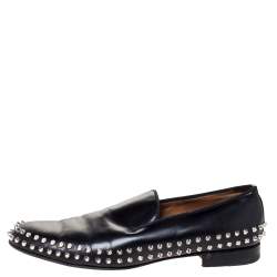 Pre Owned Christian Louboutin Black Leather Rollerboy Spikes Flat Size 44