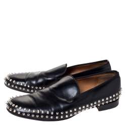 Pre Owned Christian Louboutin Black Leather Rollerboy Spikes Flat Size 44