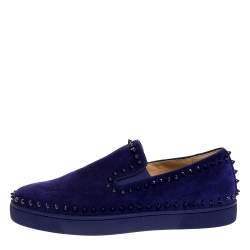 Pre Owned Christian Louboutin Blue Suede Spike Pik Boat Slip On Sneakers Size 40.5