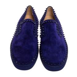 Pre Owned Christian Louboutin Blue Suede Spike Pik Boat Slip On Sneakers Size 40.5