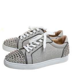 Pre Owned Christian Louboutin Metallic Silver Leather Vierissima Spikes Low Top Sneakers Size 39.5
