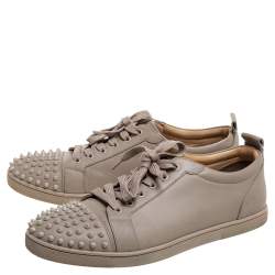 Pre Owned Christian Louboutin Beige Leather Louis Junior Spikes Low Top Sneakers Size 44
