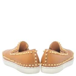Pre Owned Christian Louboutin Brown Leather Spike Boat Slip On Sneaker Size 43