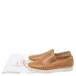 Pre Owned Christian Louboutin Brown Leather Spike Boat Slip On Sneaker Size 43