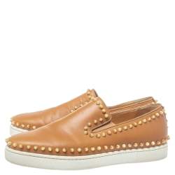 Pre Owned Christian Louboutin Brown Leather Spike Boat Slip On Sneaker Size 43