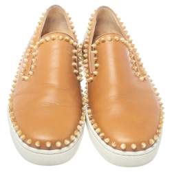 Pre Owned Christian Louboutin Brown Leather Spike Boat Slip On Sneaker Size 43