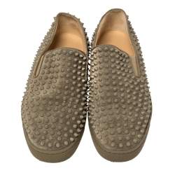 Pre Owned Christian Louboutin Khaki Green Suede Roller Boat Spiked Slip On Sneakers Size 45
