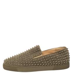 Christian Louboutin Khaki Green Suede Roller Boat Spiked Slip On