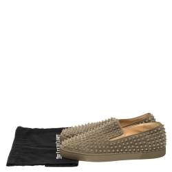 Pre Owned Christian Louboutin Khaki Green Suede Roller Boat Spiked Slip On Sneakers Size 45