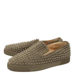 Pre Owned Christian Louboutin Khaki Green Suede Roller Boat Spiked Slip On Sneakers Size 45