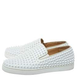 Pre Owned Christian Louboutin White Leather Roller Boat Spiked Slip On Sneakers Size 44.5