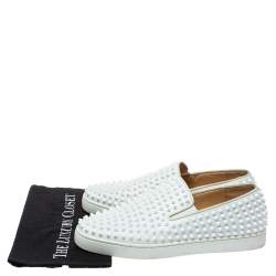 Pre Owned Christian Louboutin White Leather Roller Boat Spiked Slip On Sneakers Size 44.5