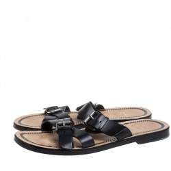 Pre Owned Christian Louboutin Black Leather Frere Simon Flat Sandals Size 45