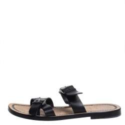 Pre Owned Christian Louboutin Black Leather Frere Simon Flat Sandals Size 45