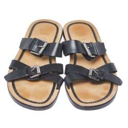 Pre Owned Christian Louboutin Black Leather Frere Simon Flat Sandals Size 45