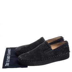 Pre Owned Christian Louboutin Black Suede Spike Pik Boat Slip On Sneakers Size 46