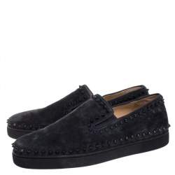 Pre Owned Christian Louboutin Black Suede Spike Pik Boat Slip On Sneakers Size 46