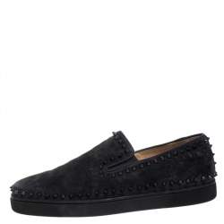 Pre Owned Christian Louboutin Black Suede Spike Pik Boat Slip On Sneakers Size 46