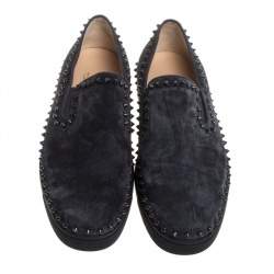 Pre Owned Christian Louboutin Black Suede Spike Pik Boat Slip On Sneakers Size 46