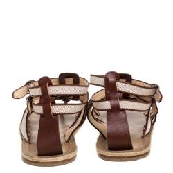 Pre Owned Christian Louboutin Beige/Brown Canvas And Leather Trim Nuria Strappy Espadrille Sandals Size 45
