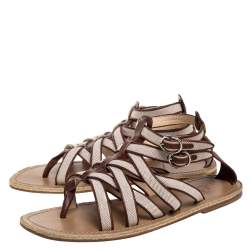 Pre Owned Christian Louboutin Beige/Brown Canvas And Leather Trim Nuria Strappy Espadrille Sandals Size 45
