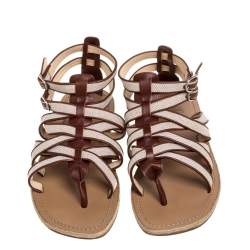 Pre Owned Christian Louboutin Beige/Brown Canvas And Leather Trim Nuria Strappy Espadrille Sandals Size 45