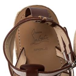 Pre Owned Christian Louboutin Beige/Brown Canvas And Leather Trim Nuria Strappy Espadrille Sandals Size 45