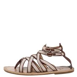 Pre Owned Christian Louboutin Beige/Brown Canvas And Leather Trim Nuria Strappy Espadrille Sandals Size 45
