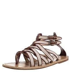 Pre Owned Christian Louboutin Beige/Brown Canvas And Leather Trim Nuria Strappy Espadrille Sandals Size 45