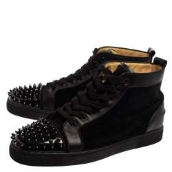 Pre Owned Christian Louboutin Black Suede And Patent Leather Louis Spikes Cap Toe High Top Sneakers Size 45