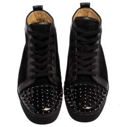 Pre Owned Christian Louboutin Black Suede And Patent Leather Louis Spikes Cap Toe High Top Sneakers Size 45