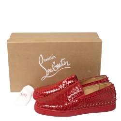 مملوكة مسبقًا Christian Louboutin Red Python Roller Boat Spiked Slip On Sneakers Size 43