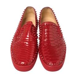 مملوكة مسبقًا Christian Louboutin Red Python Roller Boat Spiked Slip On Sneakers Size 43