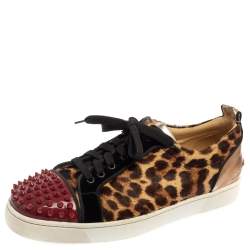 Pre Owned Christian Louboutin Multicolor Leopard Print Pony Hair And Patent Leather Louis Junior Spikes Sneakers Size 45