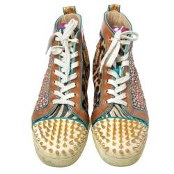 Pre Owned Christian Louboutin Multicolor Leopard Print Calfhair, Leather and Suede Bublle Spike Louis High Top Sneakers Size 45.5