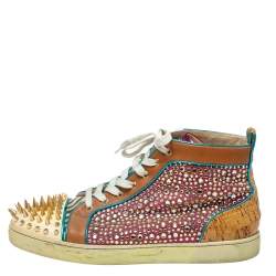 Pre Owned Christian Louboutin Multicolor Leopard Print Calfhair, Leather and Suede Bublle Spike Louis High Top Sneakers Size 45.5