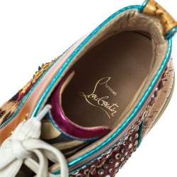 Pre Owned Christian Louboutin Multicolor Leopard Print Calfhair, Leather and Suede Bublle Spike Louis High Top Sneakers Size 45.5