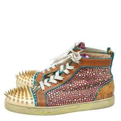 Pre Owned Christian Louboutin Multicolor Leopard Print Calfhair, Leather and Suede Bublle Spike Louis High Top Sneakers Size 45.5