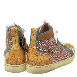 Pre Owned Christian Louboutin Multicolor Leopard Print Calfhair, Leather and Suede Bublle Spike Louis High Top Sneakers Size 45.5