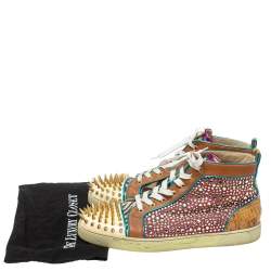 Pre Owned Christian Louboutin Multicolor Leopard Print Calfhair, Leather and Suede Bublle Spike Louis High Top Sneakers Size 45.5