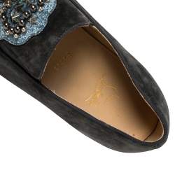 Pre Owned Christian Louboutin Grey Suede Embellished 'Ecuboat' Slip on Sneakers Size 45.5