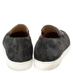 Pre Owned Christian Louboutin Grey Suede Embellished 'Ecuboat' Slip on Sneakers Size 45.5