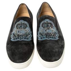 Pre Owned Christian Louboutin Grey Suede Embellished 'Ecuboat' Slip on Sneakers Size 45.5