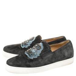Pre Owned Christian Louboutin Grey Suede Embellished 'Ecuboat' Slip on Sneakers Size 45.5